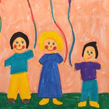 Kinderzeichnung "Kinder lassen Drachen steigen"