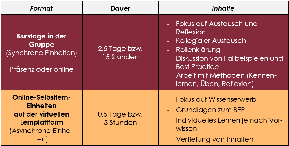 Blended-Learning-Format und zeitlicher Umfang des Kurses Herausforderungen begegnen im Sinne des BEP